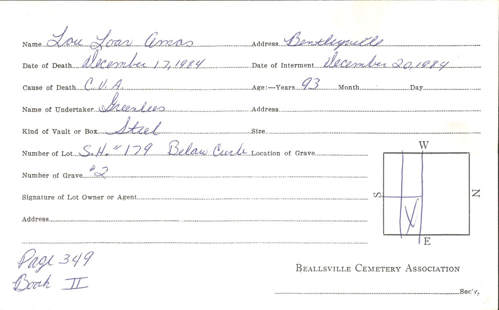 Lou Loar Amos burial card